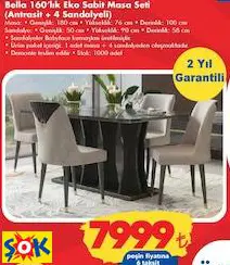MODA LİFE BELLA 160’LIK EKO SABİT MASA SETİ (ANTRASİT + 4 SANDALYELİ)